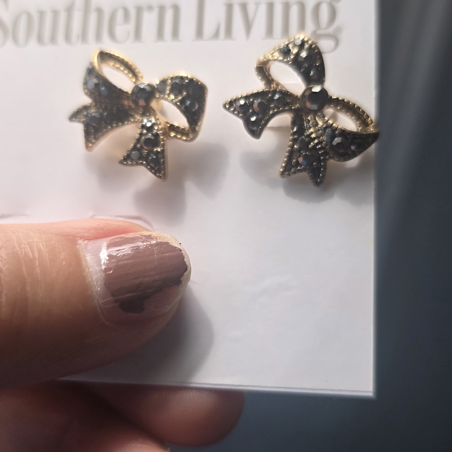 Southern Living Gold Bow Stud Earrings With Black Stones